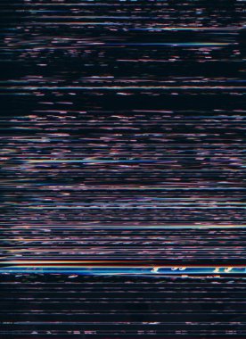 Glitch texture. Static noise overlay. Analog distortion. Purple color pixel lines artifacts on dark black illustration abstract background.