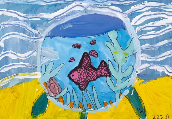 Aquarium world. Art creature. Kids creativity. Artistic work of painting fishbowl with pink fish in undersea reality.