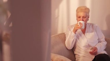 Retirement relax. Home coffee. Domestic comfort. Serene cheerful senior woman drinking cup of tea on cozy sofa at sunny apartment copy space.
