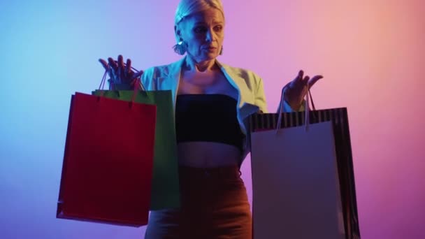 Shopaholic Woman Shopping Addiction Money Overspending Sad Female Customer Holding — Vídeos de Stock