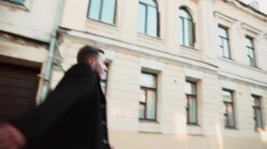 Man ambition. Goal challenge. Responsibility stress. Anxious guy running forward on urban street with weathered abandoned building set of 2.