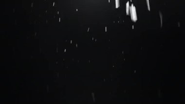 Blur snow falling. Flakes texture. Winter night. Defocused white flour particles motion on dark black abstract background for intro.