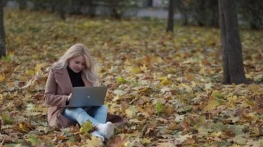 Online communication. Pretty woman. Autumn nature. Pretty smiling lady sitting on leaves ground typing laptop in park.