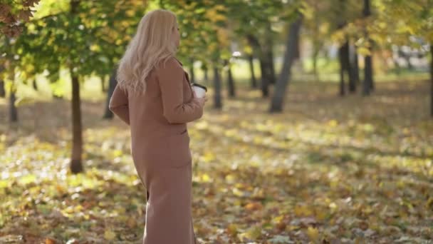 Enjoying Walk Relaxed Woman Autumn Beauty Pretty Happy Lady Park — Stock video