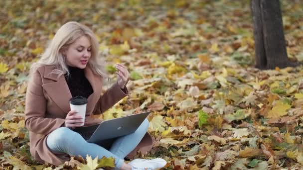 Online Communication Happy Woman Inspired Autumn Pretty Excited Lady Sitting — Vídeo de stock