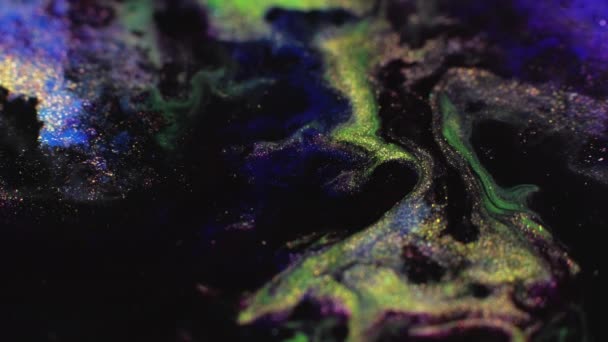 Краска Плавает Блестящая Жидкость Мраморная Фактура Ослабленное Черное Золото Голубого — стоковое видео