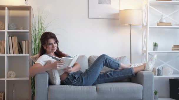 Enjoying Reading Inspired Woman Home Relax Pretty Smiling Middle Aged — Stockvideo