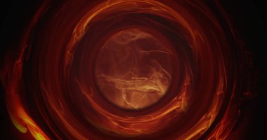 Steam circle frame. Color smoke swirl. Time travel. Night teleport. Orange red mist hot round wheel on dark black abstract background.