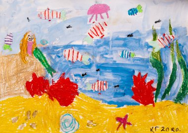 Undersea world. Impressive art. Kids creativity. Artistic painting work of fantasy marine life with fishes water grass and water nymph.