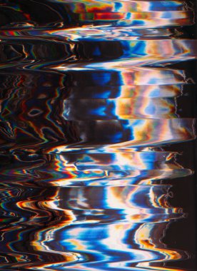 Glitch flare. Color noise background. Digital artifacts. Neon blue orange white glowing defect on dark black illustration holographic abstract texture.