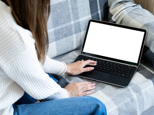 Computer Mockup Distance Education Online Connection Unrecognizable Woman Typing Laptop —  Fotos de Stock