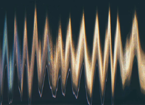 Glitch distortion. Noise texture. Signal frequency. Blue golden color vibration waves artifacts on dark black illustration abstract background.