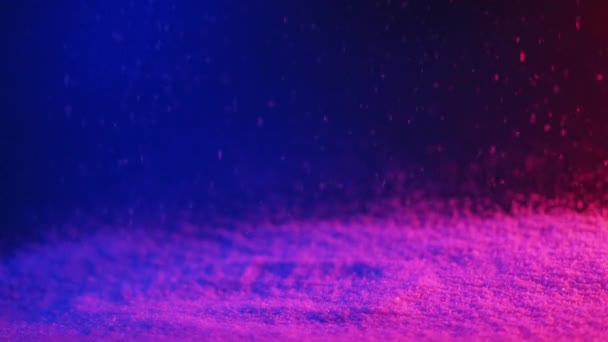 Snow Falling Neon Light Background Winter Night Blizzard Defocused Blue — Vídeo de Stock