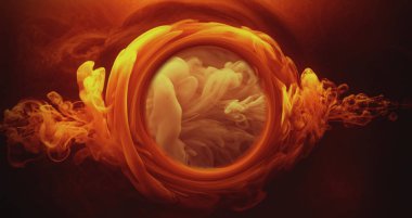 Smoke round frame. Ink water mix. Occult wheel. Explosion smog cloud. Orange red yellow color fume circle whirl glow on dark black abstract background.