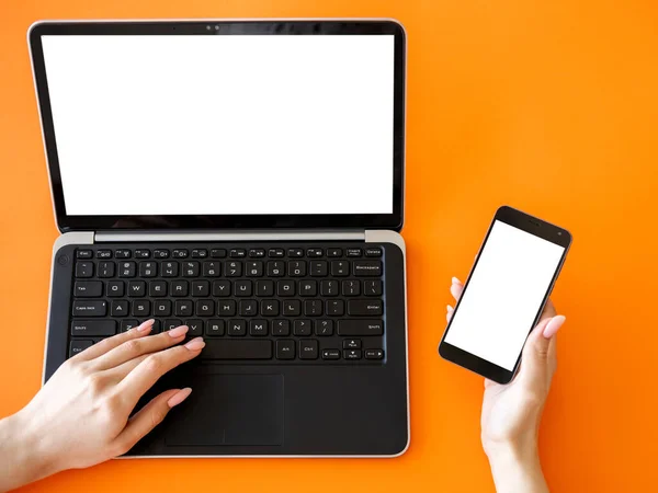 Digital mockup. Distance work. Online technology. Female hands typing on laptop and holding smartphone with blank screen isolated orange.