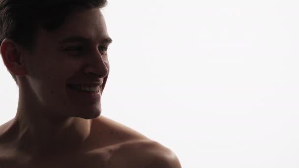 Smiling Man Portrait Facial Care Grooming Hygiene Profile Satisfied Shirtless — Vídeo de Stock
