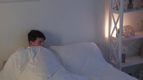 Bed Fear Sleepless Night Panic Attack Frightened Disturbed Guy Hiding — Vídeo de Stock