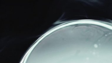 Sıcak buz büyüsü. Baloncuk sanatı. Akışkan ilham. İçerde parlayan şeffaf gri beyaz ampul küre siyah arkaplanda dumanlı bulanıklığı dağıtıyor.