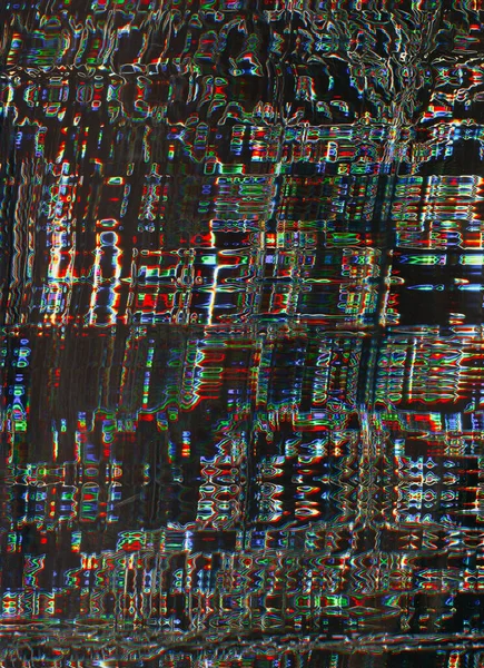 Digital glitch texture. Static noise. Electronic distortion. Neon red green blue color pixel artifacts on dark black abstract illustration background.