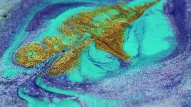 Soyut resim. Akrilik büyüsü. Yaratıcı sanat. Cyan mavisi lavanta sarısı sıvı boya karışımı