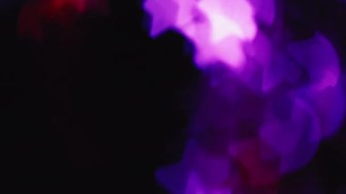 Odaklanmamış neon kaplama. Bulanık kurşunlu parıltı. Yaprak dokusu parlıyor. Siyah soyut arkaplan üzerinde bulanık mor dekoratif aydınlatma hareketi.