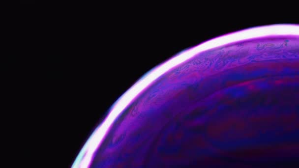 バイオレットバブル 魔法のセラピー マクロ撮影 明るいネオン電球球と紫とピンクの渦が黒の背景に白い線に触れて中に浮かんでいます — ストック動画