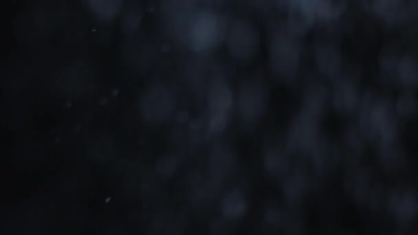 夜の雪が降る ボケ光だ ブリザードオーバーレイ 冬の嵐 暗い黒の抽象的な背景効果のための控えめな白いフレークの動き紹介 — ストック動画
