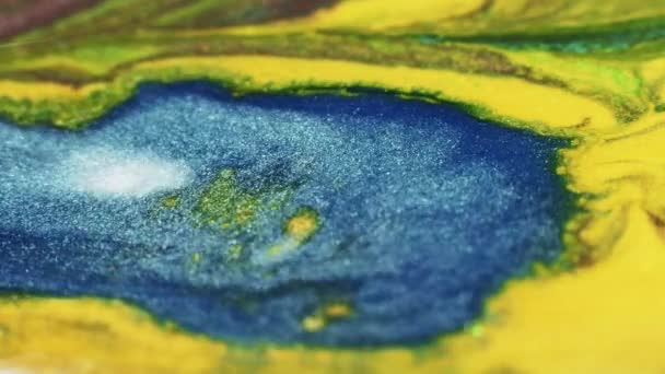 Miscela Colorata Arte Fluida Pittura Creativa Blu Giallo Scintillante Flusso — Video Stock