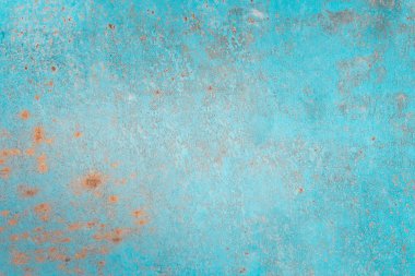 Turkuaz yüzey. Paslı doku. Metal korozyon. Turuncu hasarlı Grunge eski metalik arkaplan metin logosu için kopyalama alanı.
