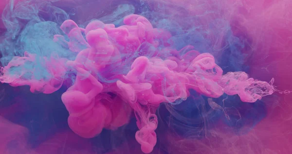 Paint mix in water. Color smoke blend. Abstract banner. Neon pink blue fluid underwater explosion on bright steam cloud abstract art background.