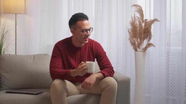 Café Caseiro Bom Dia Prazer Intervalo Homem Inspirado Relaxado Com — Vídeo de Stock