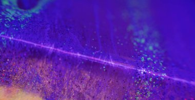 Parlak mürekkep akışı. Floresan arka plan. Fantezi şelale. Bulanık neon mavisi, altın rengi, parlak tahıl dokusunda parıldayan sıvı damlası..