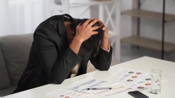 Hard Work Depressed Man Preparing Report Exhausted Guy Feeling Despair — Stock Video