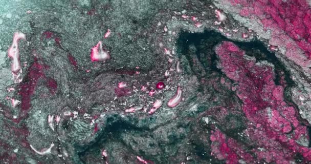 色液抽象的な背景 インクの水のミックス 光沢のある液体染料流出 赤ピンクの緑の輝く塗料の流れ大理石のテクスチャフラット表面 Redシネマカメラで撮影 — ストック動画