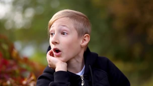 A fiú az őszi parkban élesen meglepődött és kinyitotta a száját. — Stock videók