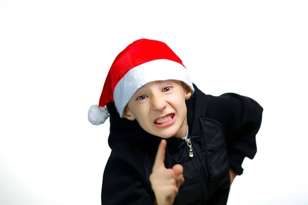 Boy Red Hat Bent Shows His Index Finger Threatens Camera — Stock Photo, Image