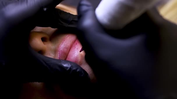 Nakładanie Pigmentu Pod Skórę Mistrz Wykonuje Również Tatuaż Wargi — Wideo stockowe