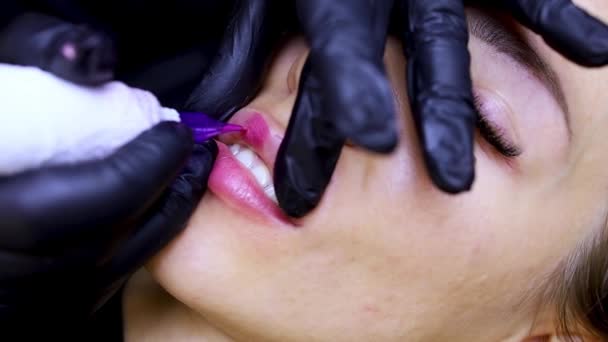 Procédure Tatouage Des Lèvres Maître Étire Les Lèvres Effectue Tatouage — Video