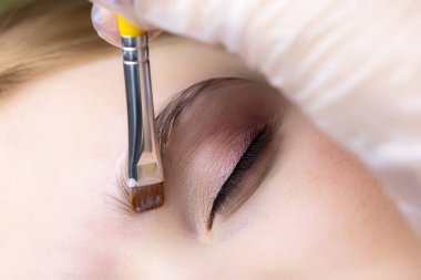 Uzun vadeli kaş şekillendirme prosedürüne yakın çekim yapan usta, kaş kaplamasını gerçekleştirir.