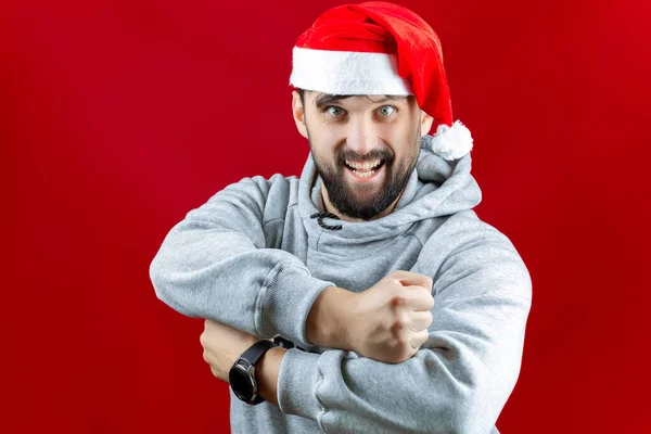 Cheerful Man Dressed Santa Claus Hat Smiles Shows His Teeth — Stock Photo, Image