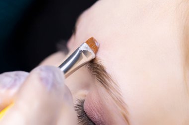 Kaplama kompozisyonları kullanılarak uzun vadeli biçimlendirmenin yapıldığı modelin kaşlarının yakın plan görüntüsü