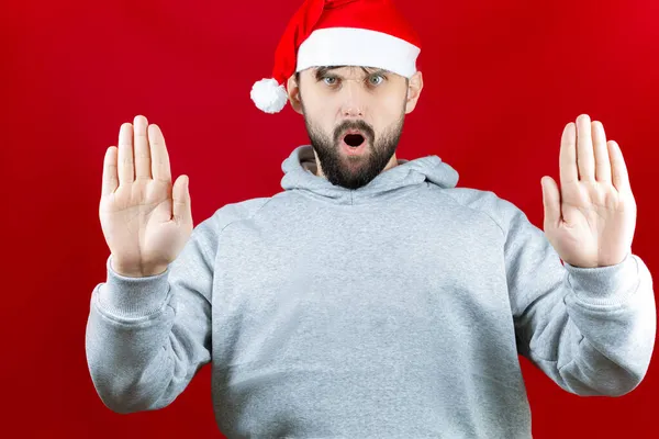Man Dressed Christmas Put His Palms Forward Opened Gate — Stock Photo, Image