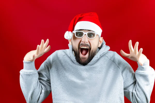 Fundo Natal Vermelho Homem Chapéu Papai Noel Com Óculos Para — Fotografia de Stock