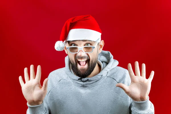 Bearded Man Glasses Watching Movies Spread His Arms Sides Smiles — Stock Photo, Image