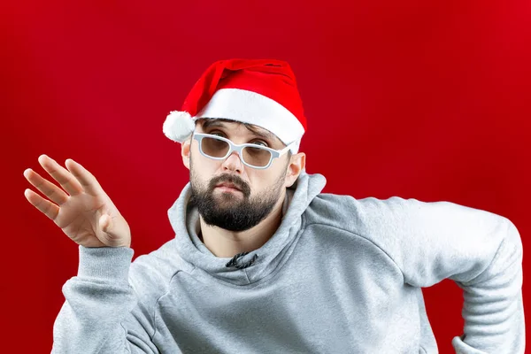 Man Dressed Santa Claus Clothes Put His Hand Out Side — Stock Photo, Image