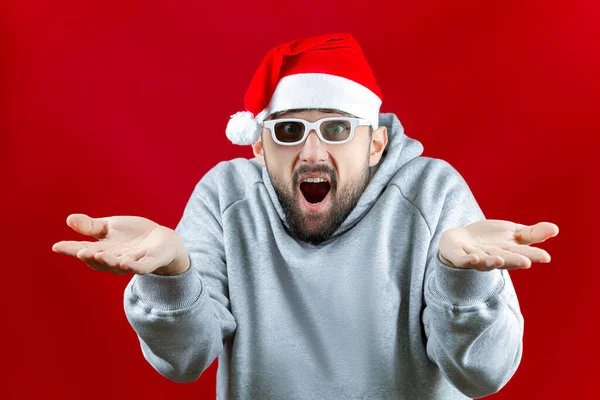 Man Santa Claus Christmas Hat Spread His Hands Sides Opened — Stock Photo, Image