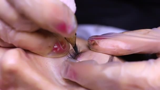 Gros plan maquillage permanent des paupières tatouées près des cils — Video