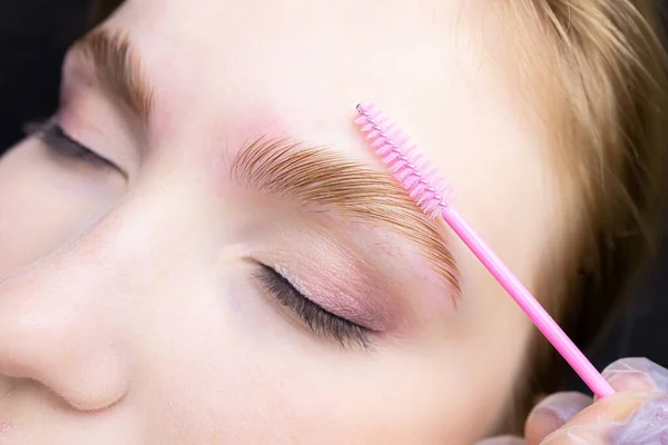 a close-up of the eyebrows on which lamination is performed and the master combs with a brush directing the growth of eyebrow hair