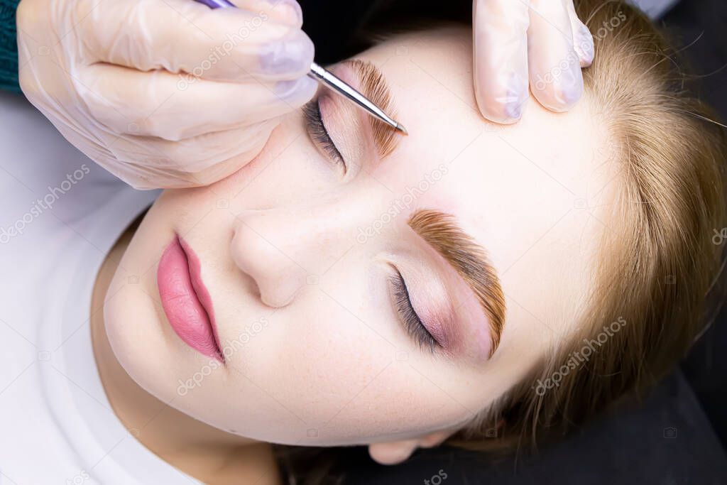 close-up of the model's face, the master applies a special hair dye to the eyebrows after the lamination procedure