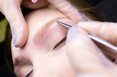 Makro fotoğraf ustası elinde bir cımbız tutuyor ve uzun kaş şekillendirme kompozisyonlarından sonra kaşından bir saç çıkarıyor.